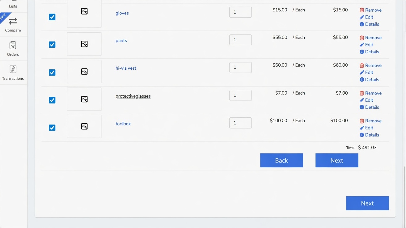 The original Unimarket cart with a paginated item list, showing a 'Back' and 'Next' pagination pair mid-page directly above a second primary 'Next' checkout button at the bottom right