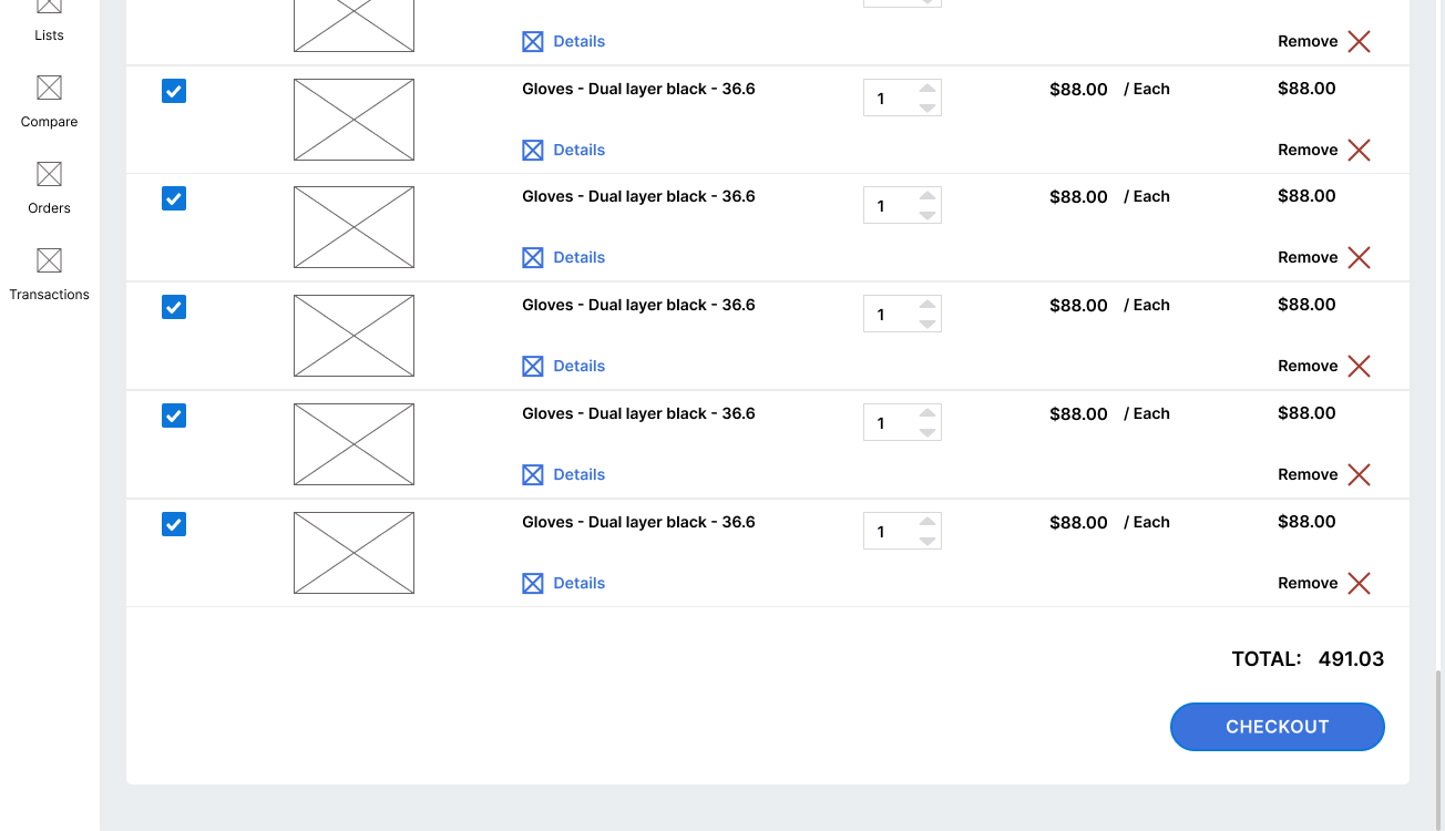 The final cart design: a single continuous scrollable list of all items with no pagination, and one primary 'CHECKOUT' button at the bottom right