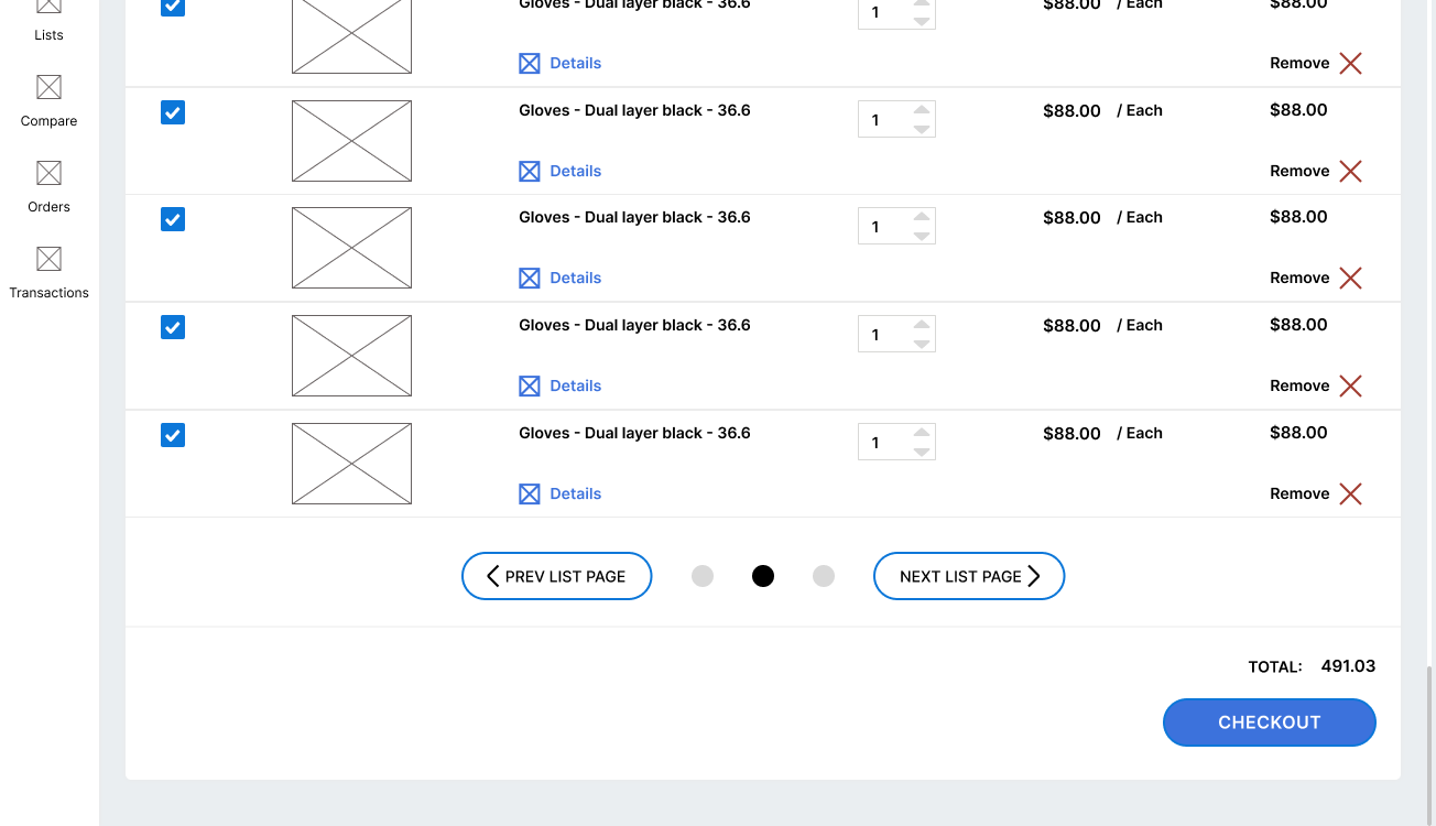 The cart after Milestone 1: pagination relabelled to 'PREV 10 ITEMS' and 'NEXT 10 ITEMS' as outlined secondary buttons with page dots, and a single solid primary 'CHECKOUT' button at the bottom right